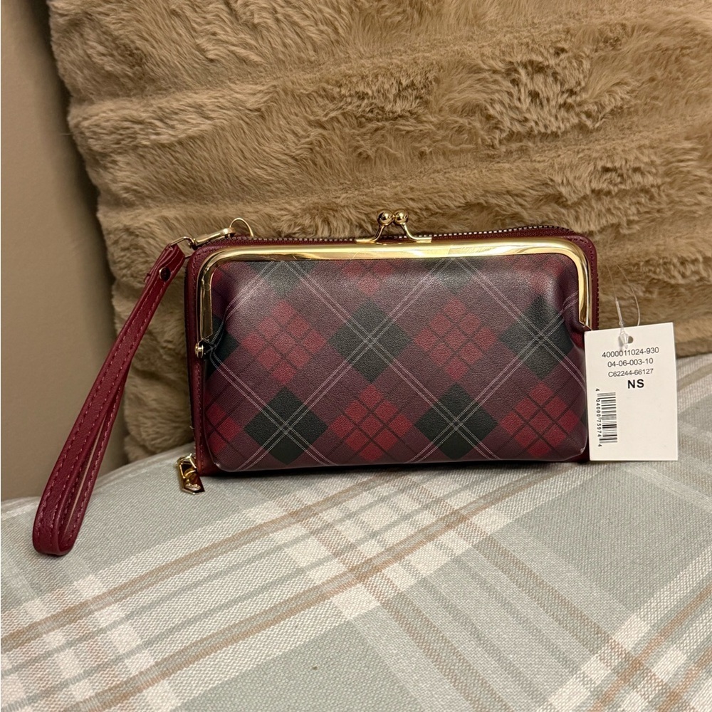 NWT Red & Black Plaid Diamond Kiss-Lock Clutch Wristlet - Picture 3 of 4